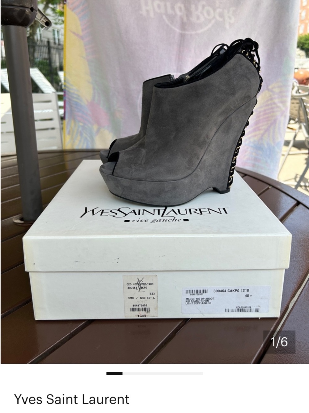 Yves Saint Laurent Gray Suede Peep-Toe Chain-Back Wedge Booties